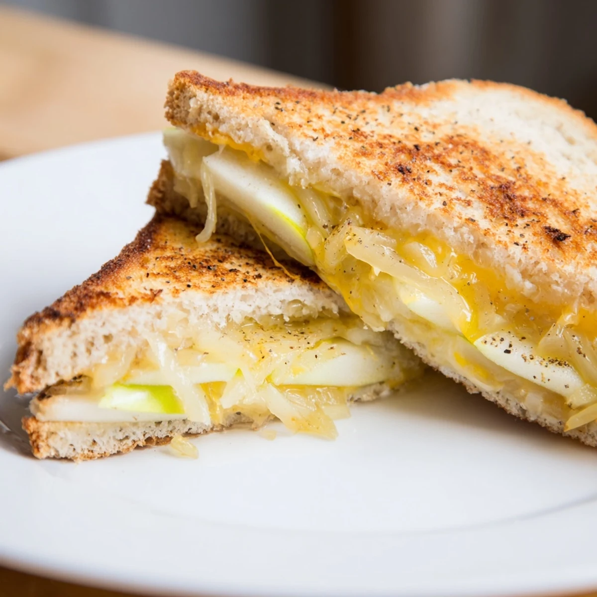 Golden, melty Caramelized Onion, Apple & Cheddar Grilled Cheese sandwich, served warm and delicious.