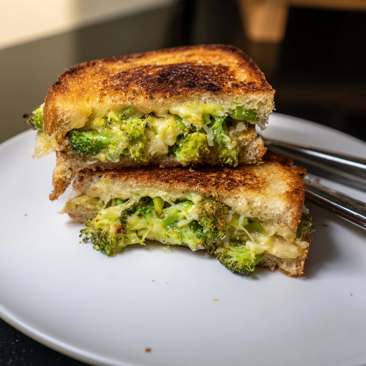 Golden brown Air Fryer Broccoli Cheddar Stuffed Grilled Cheese, oozing with melted cheese, a comforting lunch.