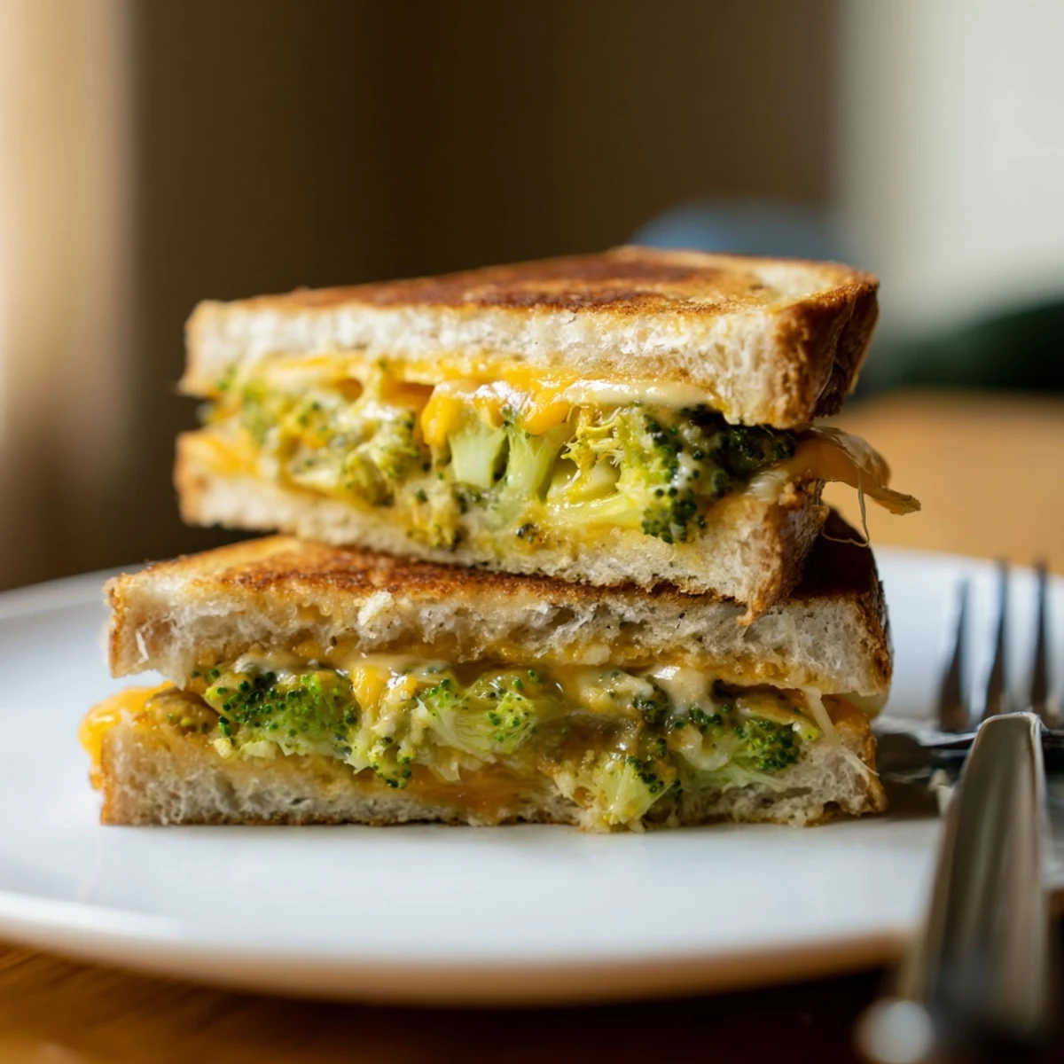 Delicious, crispy Air Fryer Broccoli Cheddar Stuffed Grilled Cheese with a creamy broccoli filling, ready to eat.
