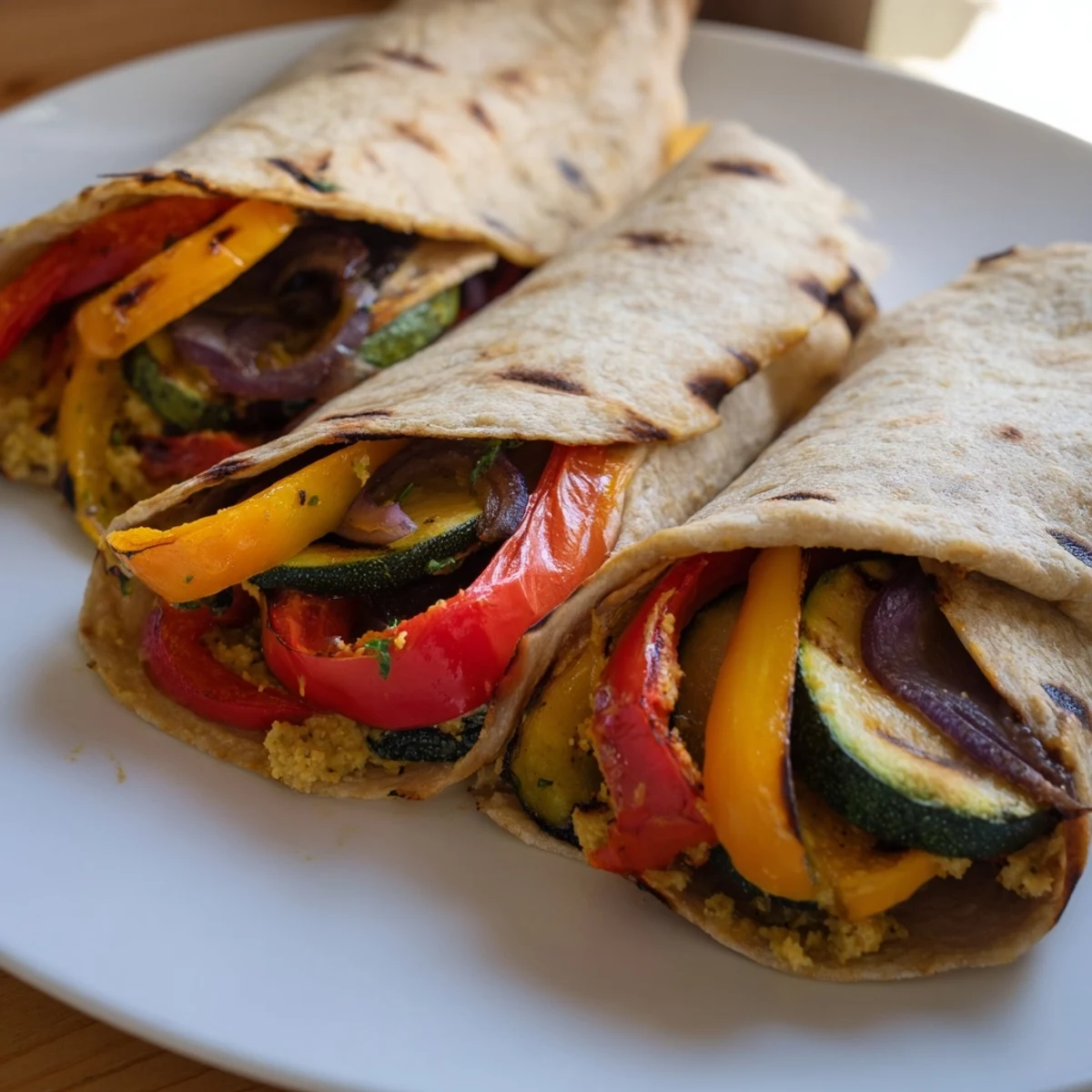 A close-up of delicious Roasted Veggie & Hummus Candy Cane Wrap roll-ups drizzled with fresh parsley.