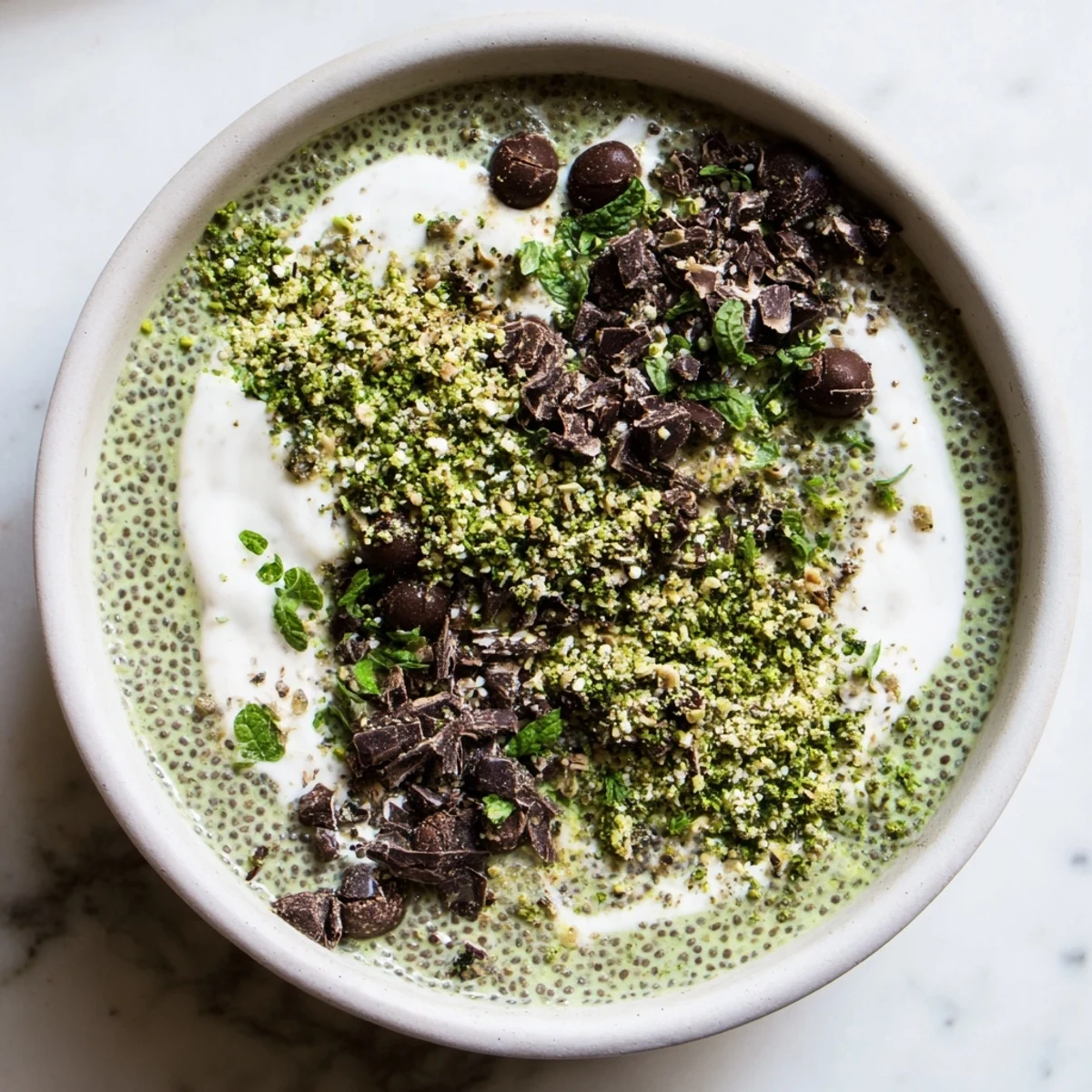 Vibrantly green Grinch Green Mint Matcha Breakfast Chia Pudding, topped with cacao nibs and fresh mint, ready to eat.