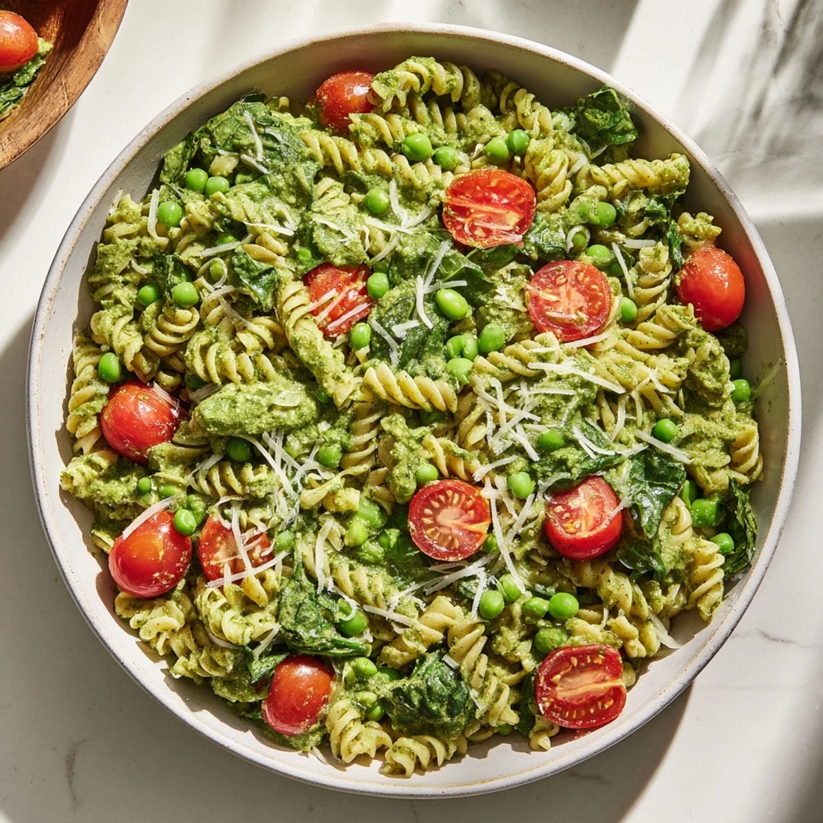 One-Pot Creamy Pesto Pea Protein Pasta: a steaming, flavorful bowl of pasta with vibrant green pesto and veggies.