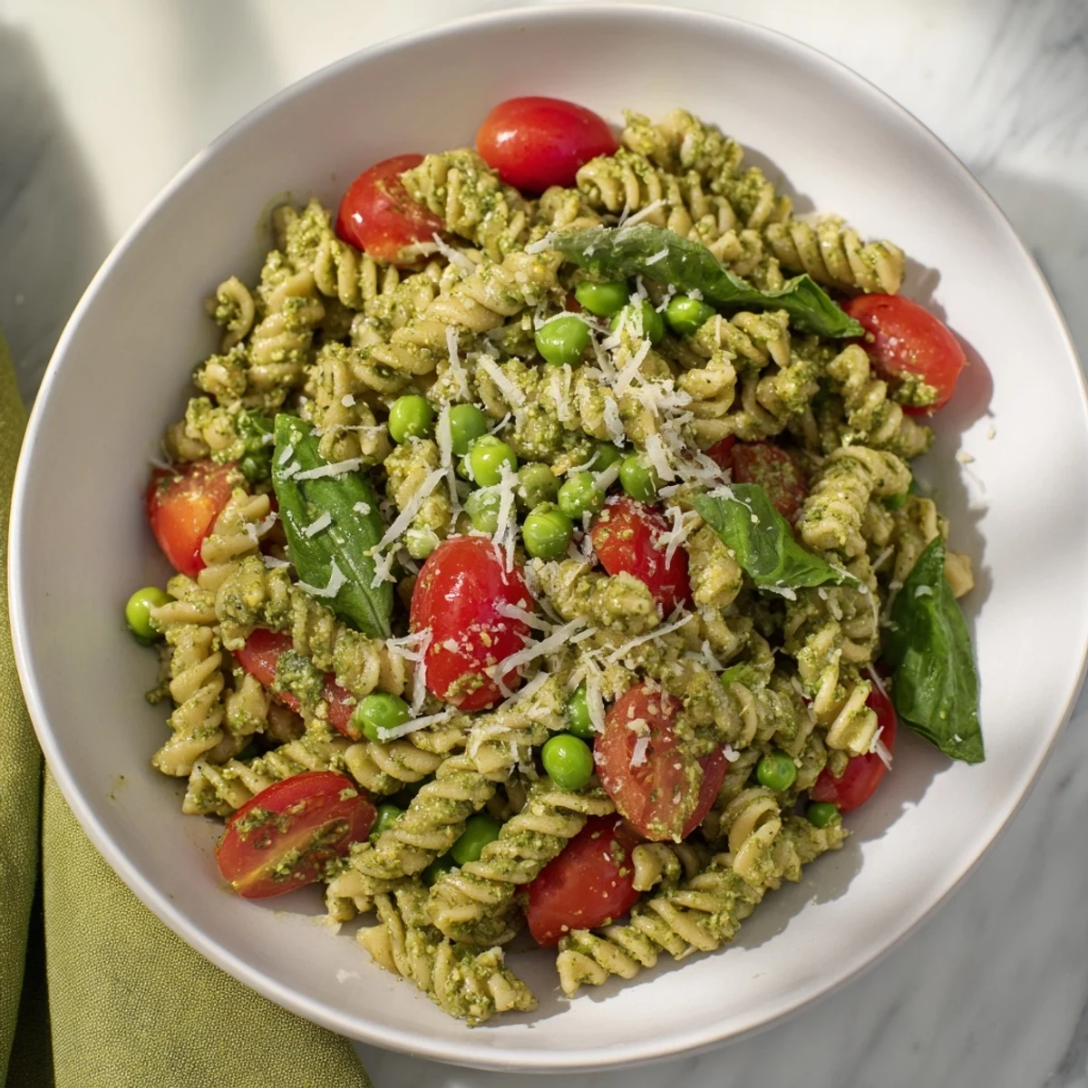A close-up of delicious One-Pot Creamy Pesto Pea Protein Pasta, garnished with parmesan cheese.
