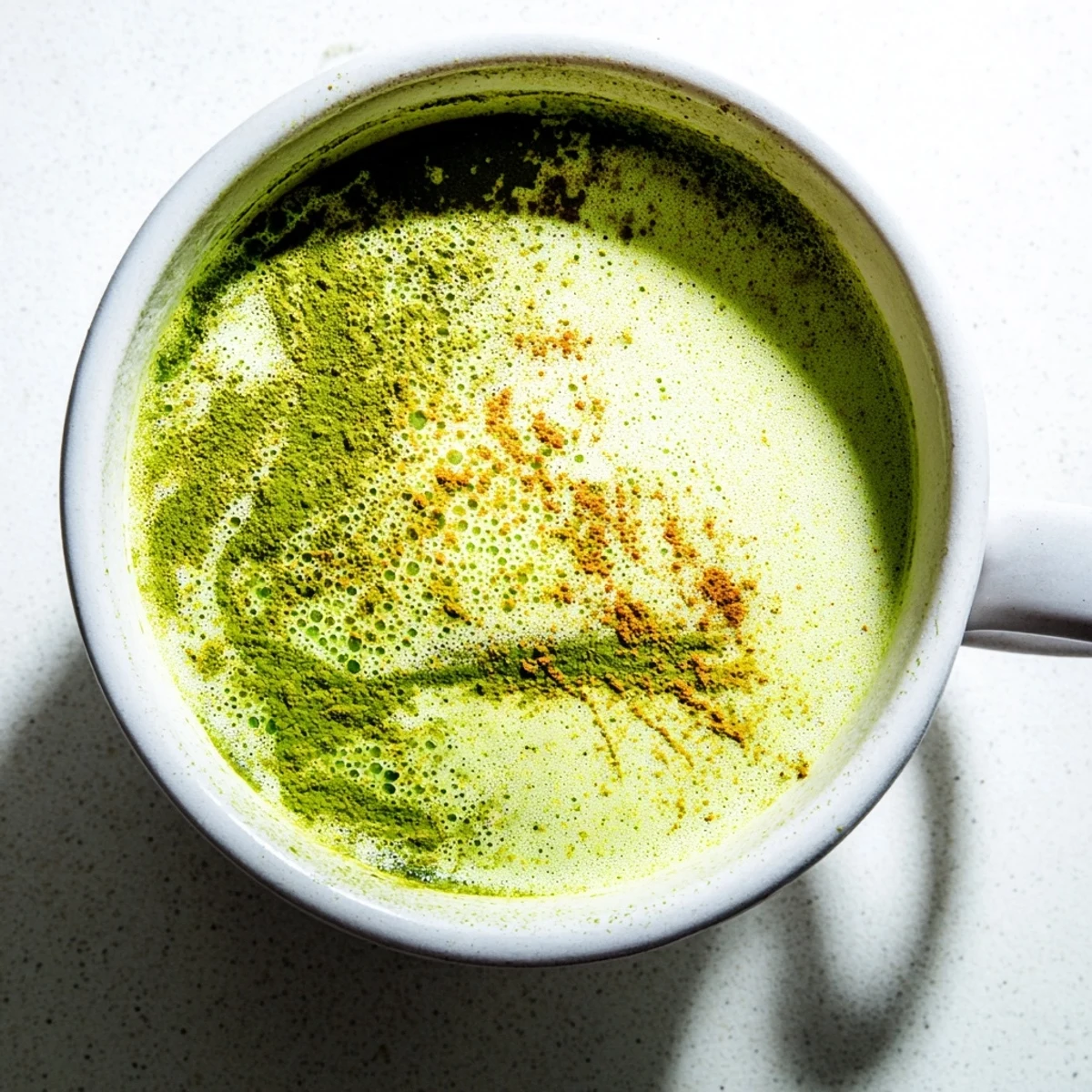 View an image of a frothy Coconut Ginger Matcha Winter Immunity Latte, perfect for a cold day's boost.