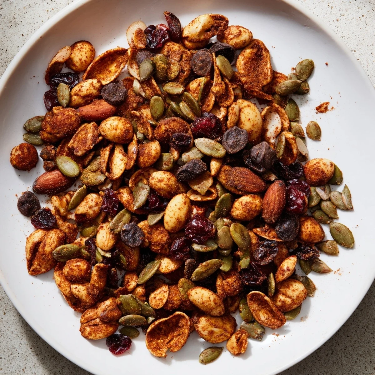 Close-up of a bowl filled with savory Acorn & Oak Snack Mix, featuring roasted nuts and dried cranberries.