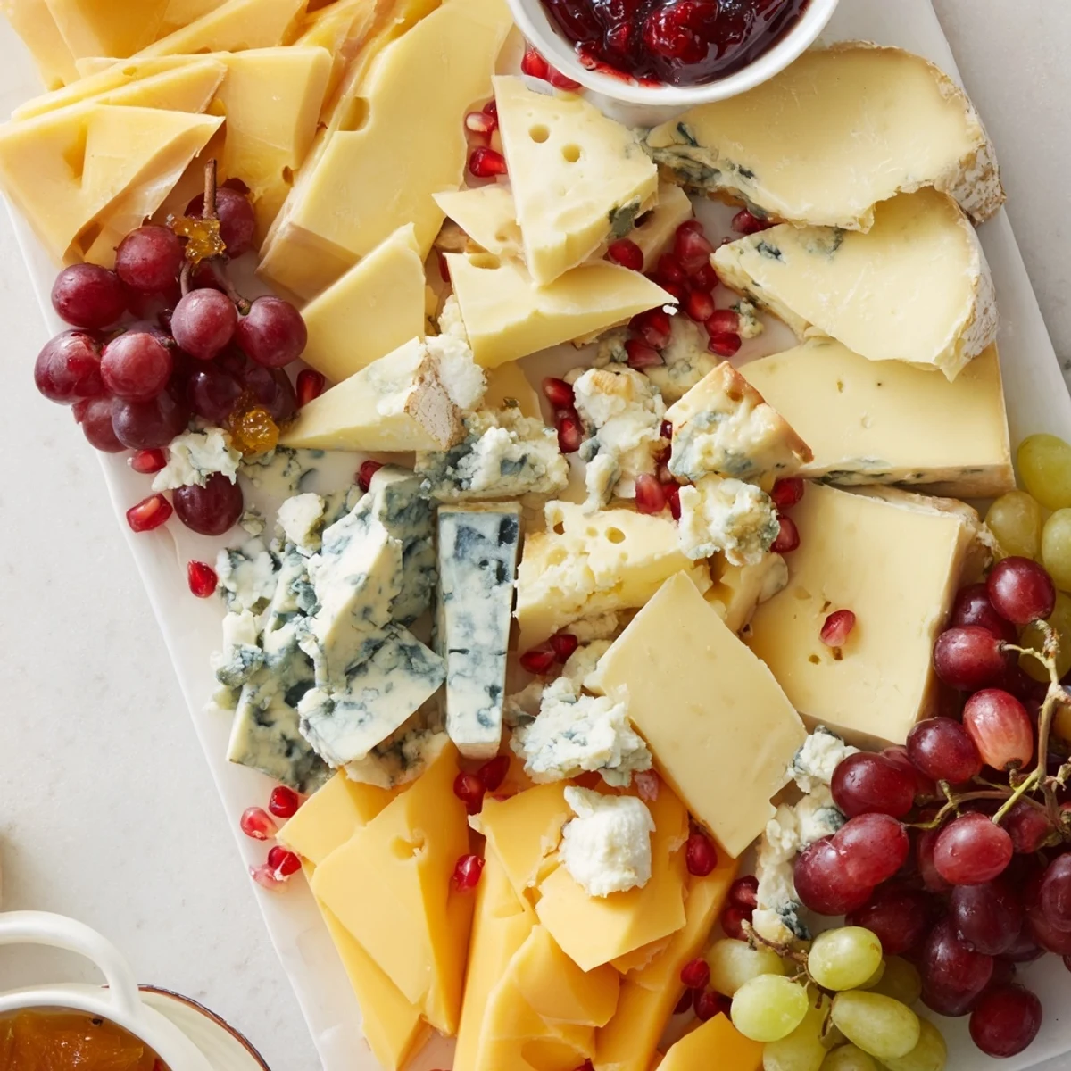 Delectable Cornucopia Harvest Board: a colorful spread of cheeses, fruits, and meats for effortless entertaining.
