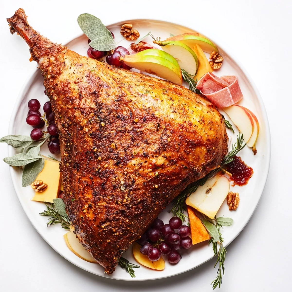 A close-up of a Thanksgiving Turkey Legs Charcuterie board, brimming with delicious meats, cheeses, and fruits.