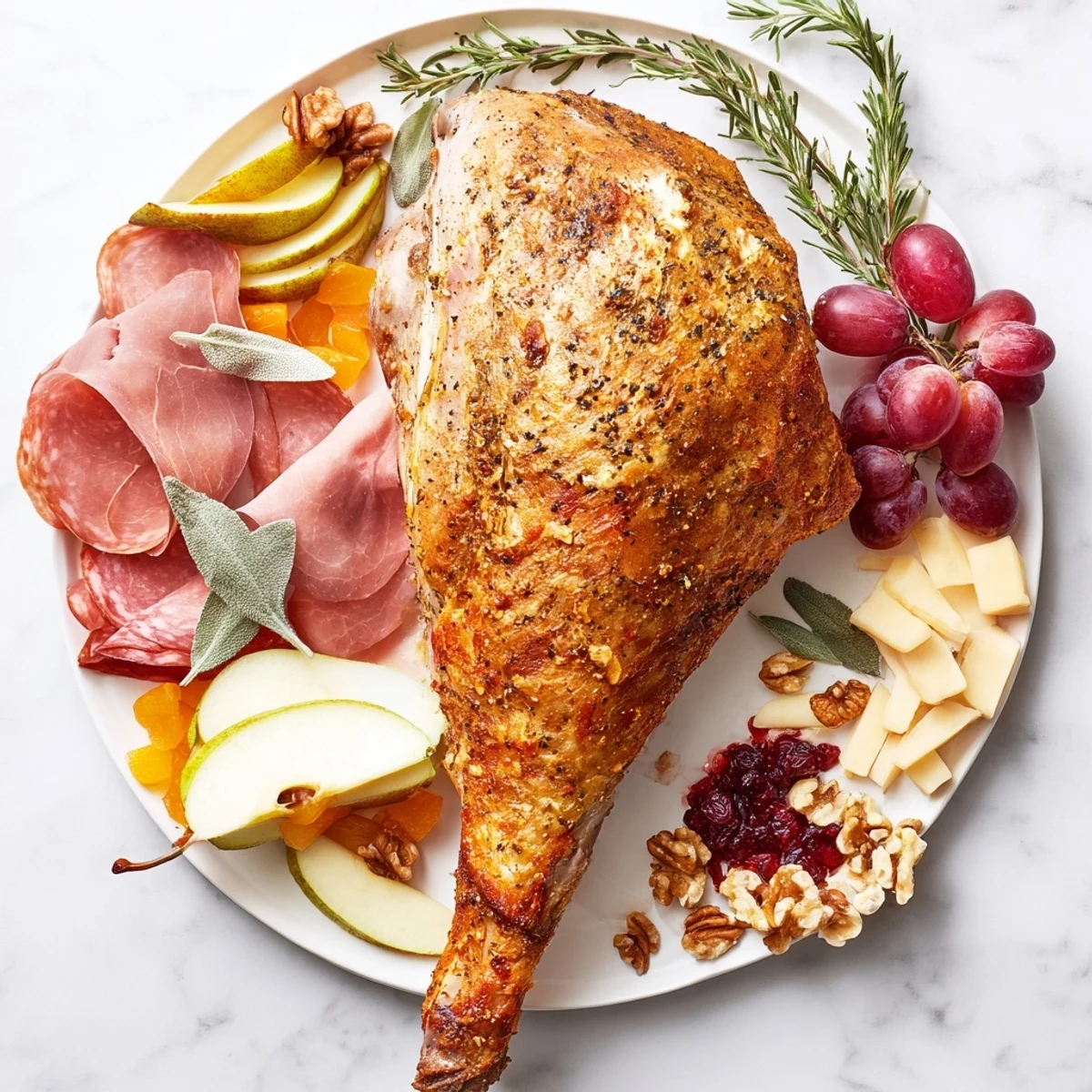 Thanksgiving Turkey Legs Charcuterie presents a beautiful spread with roasted turkey legs and festive charcuterie items.