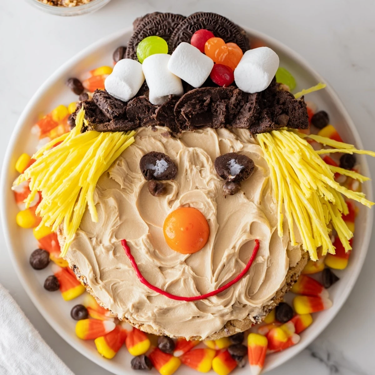 Vibrant Scarecrow Candy Platter featuring mini Oreos and gummy candies; a fun Halloween treat.