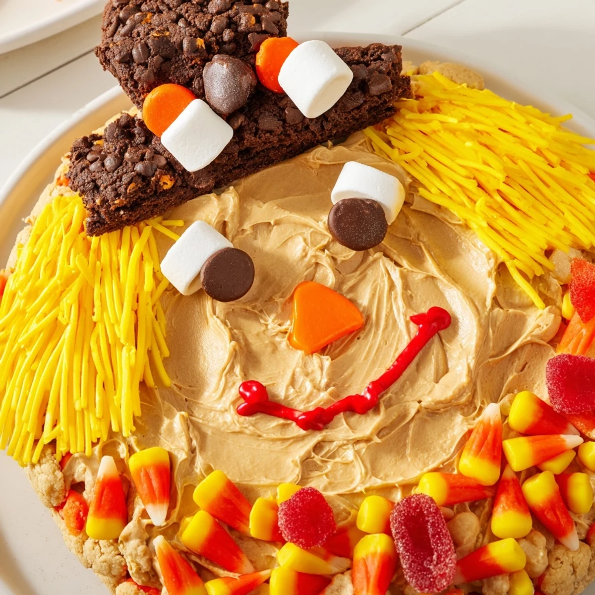 A cheerful Scarecrow Candy Platter with pretzel stick bow tie and candy corn smile on a cookie.