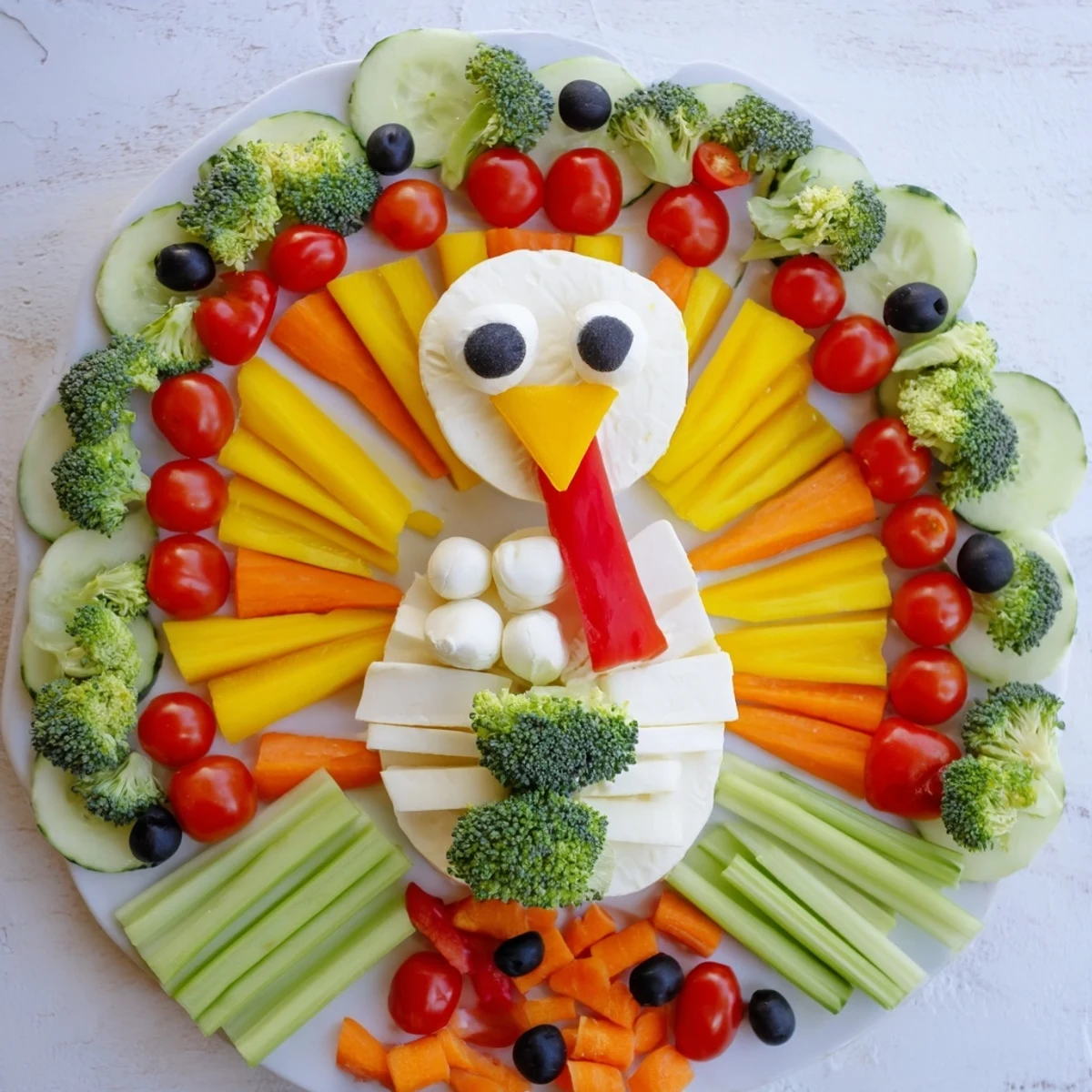 Festive turkey appetizer tray with vibrant veggies, a creamy cheese body, perfect for a holiday party.
