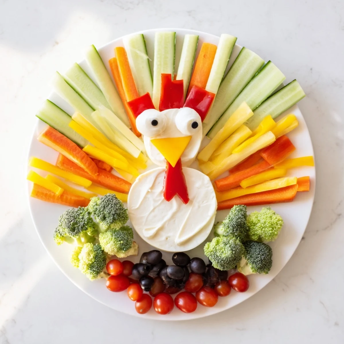 Brightly colored turkey shaped appetizer with assorted veggies and cheeses, a delicious party platter.