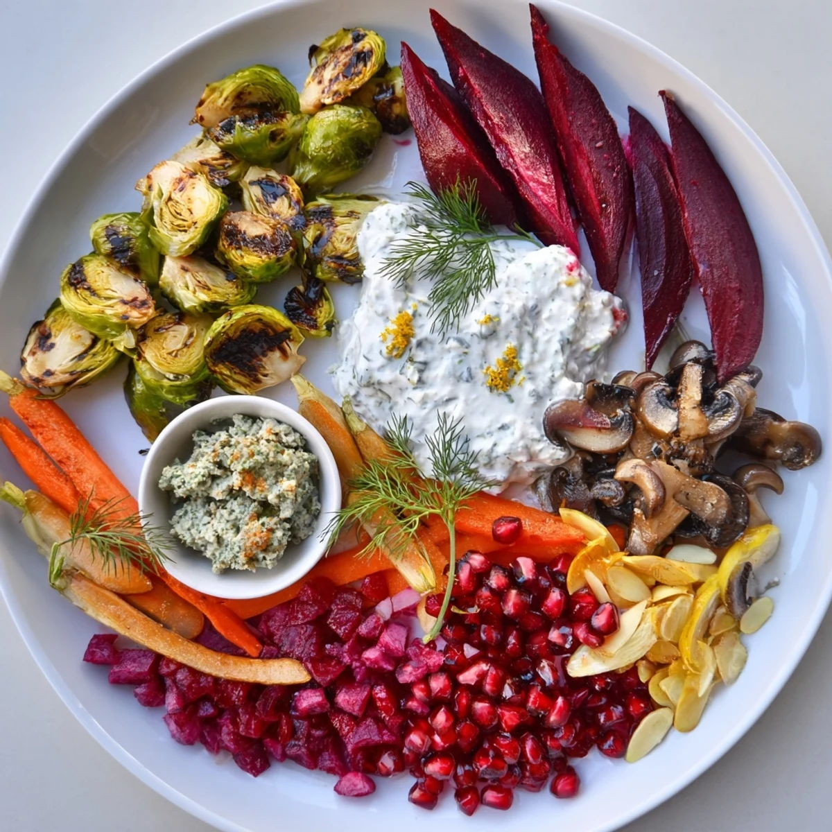 A colorful photo of the Pine Forest Winter Mezze Board, with a spread of delightful vegetarian appetizers.