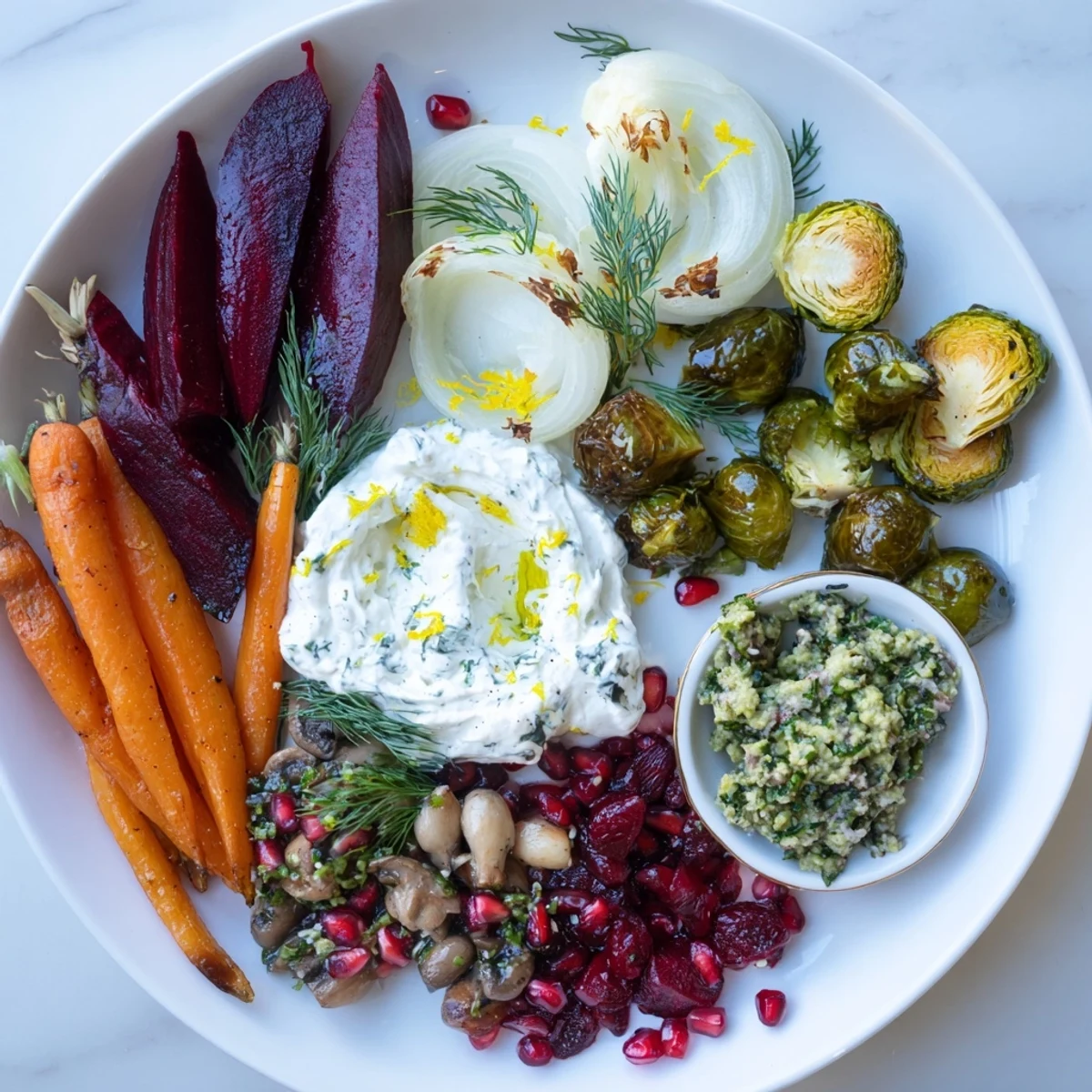 Enticing Pine Forest Winter Mezze Board, showcasing roasted vegetables, dips, and vibrant garnishes for guests.