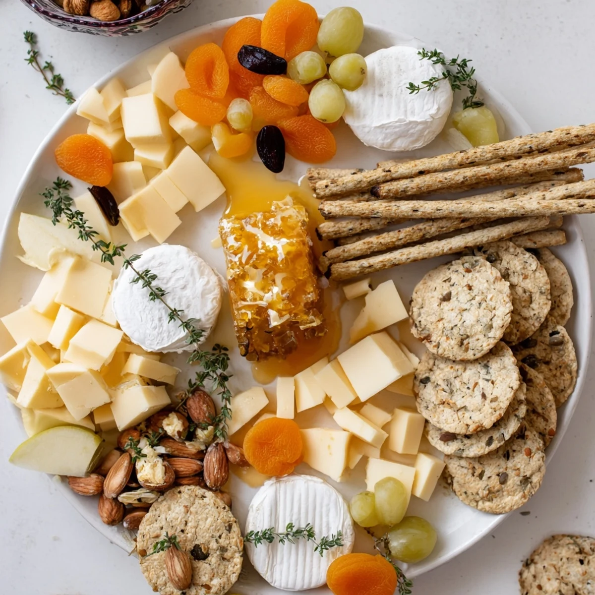 Honeycomb snack plate with honey-glazed brie, grapes, and crackers, perfect for sharing.
