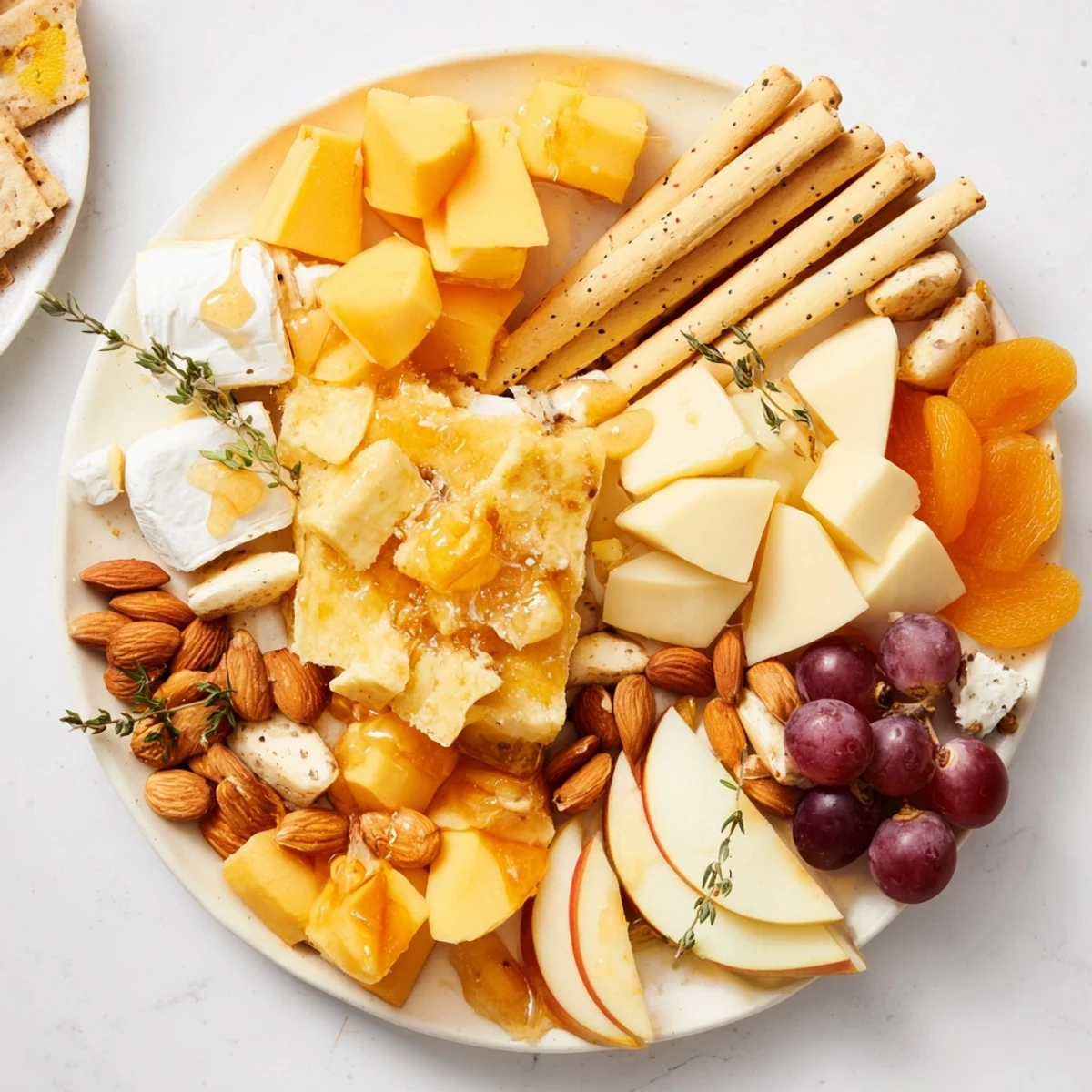 A vibrant close-up of a Busy Bee Honeycomb Snack Plate, showcasing fresh fruit and cheese.
