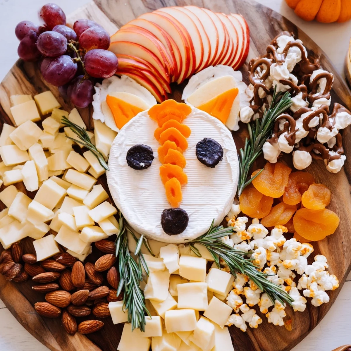 Vibrant Whimsical Fox Fall Treat Board with fresh fruit, cheeses, and charming fox-shaped goat cheese awaits.
