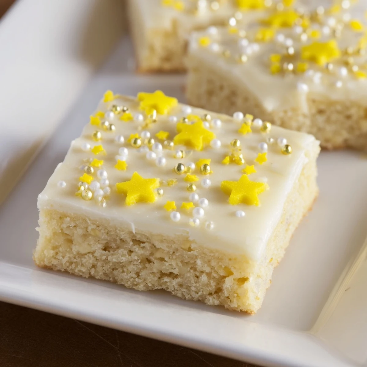 Twinkle Twinkle Star Dessert Bars with creamy frosting and loads of star sprinkles, ready to eat.