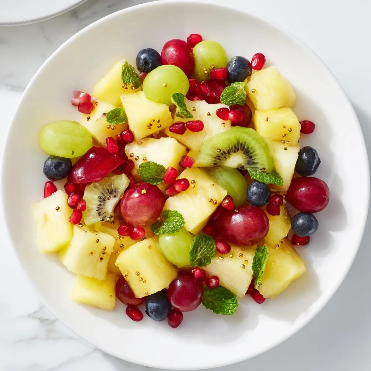 Festive Three Kings Royal Fruit Platter with jewel-toned fruits, drizzled in honey-lime dressing.