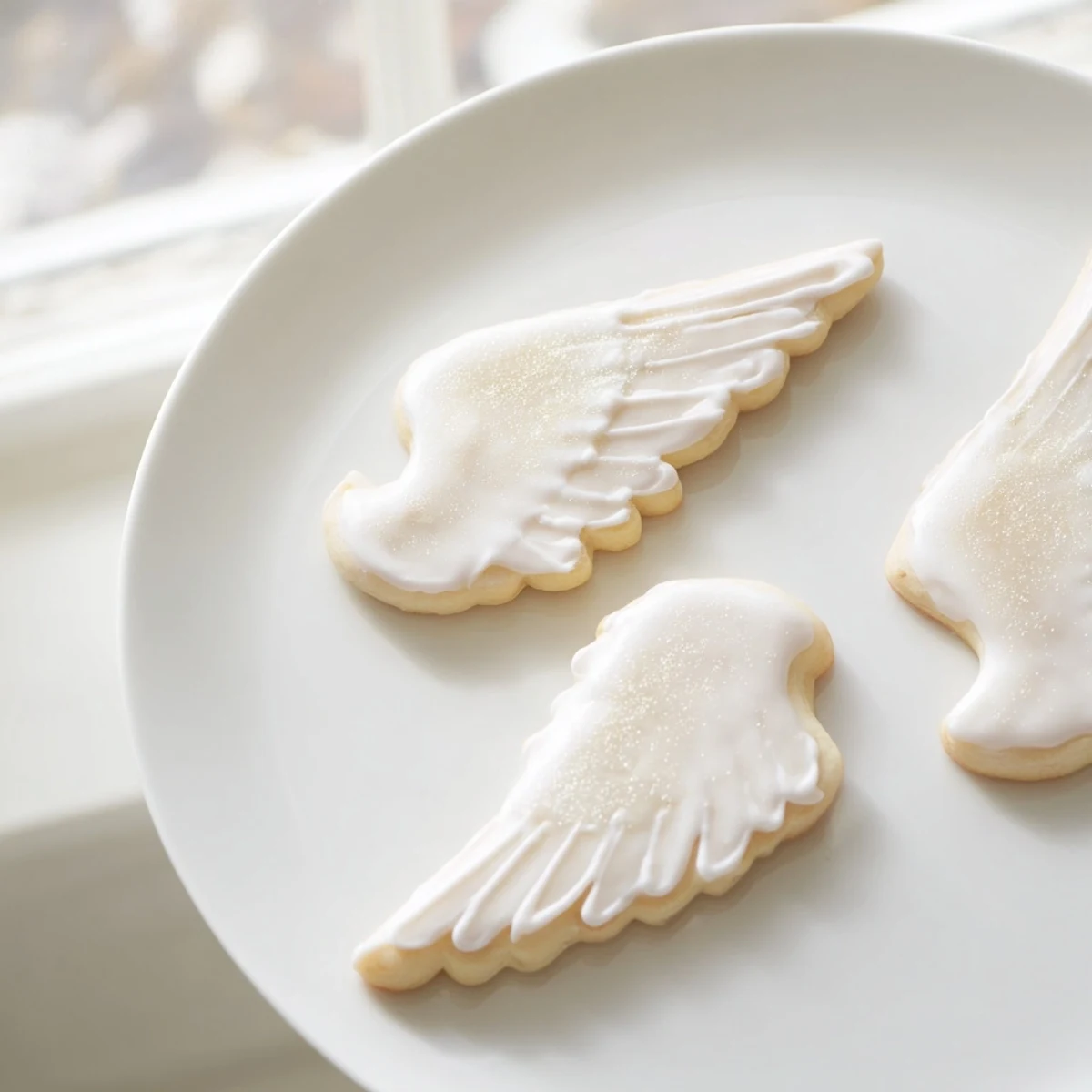Close-up of frosted Angel Wings Sugar Cookies with sparkling edible glitter, perfect for sharing and gifting.