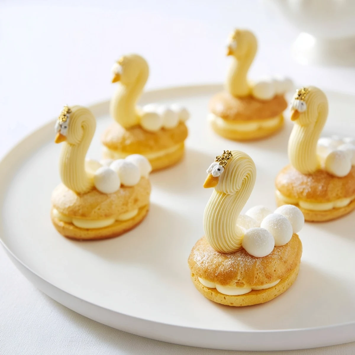 Elegant Swan Petit Fours displayed on a platter, featuring delicate choux pastry and sweet vanilla cream filling.