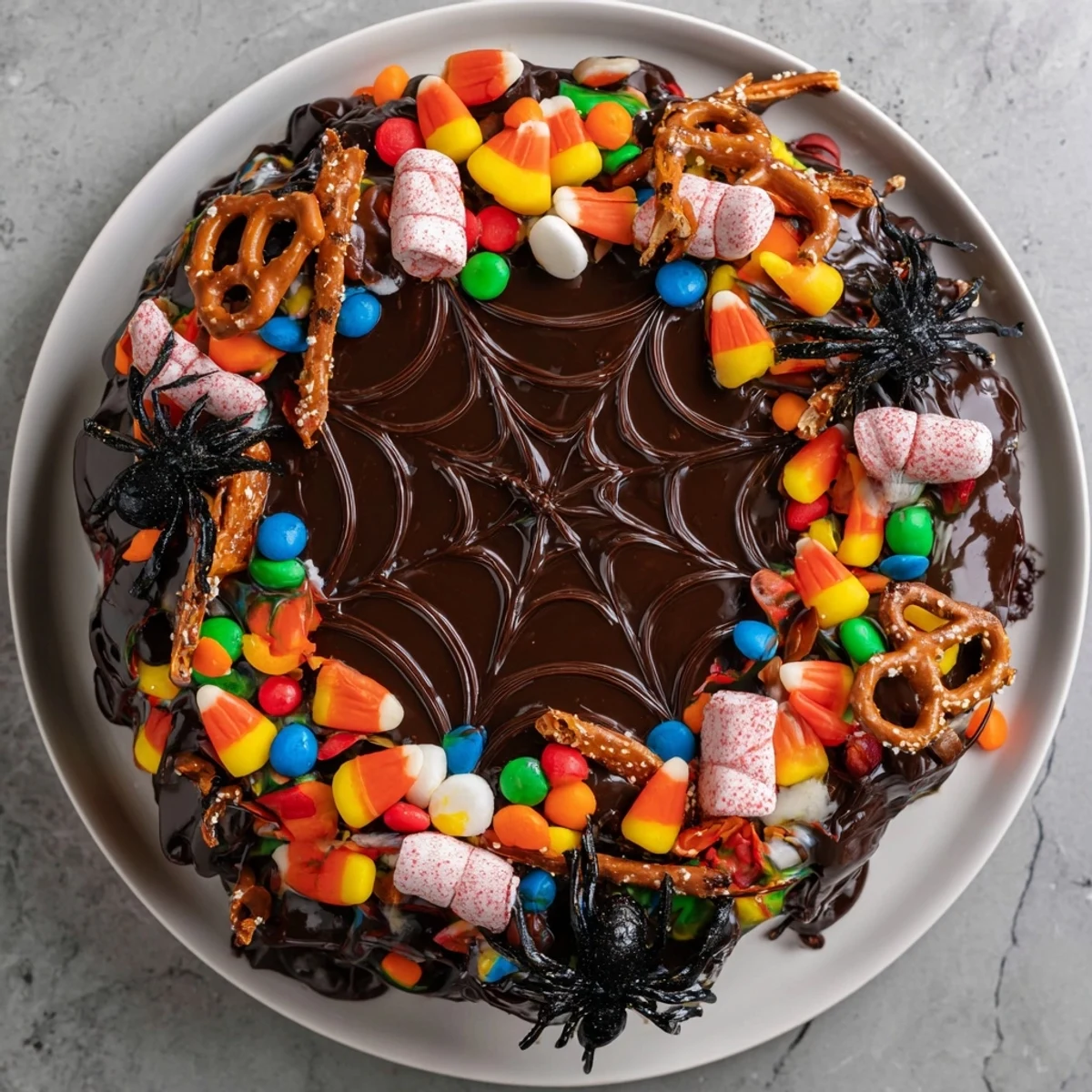 Dark chocolate spiderweb candy platter with colorful gummy spiders and treats for Halloween.