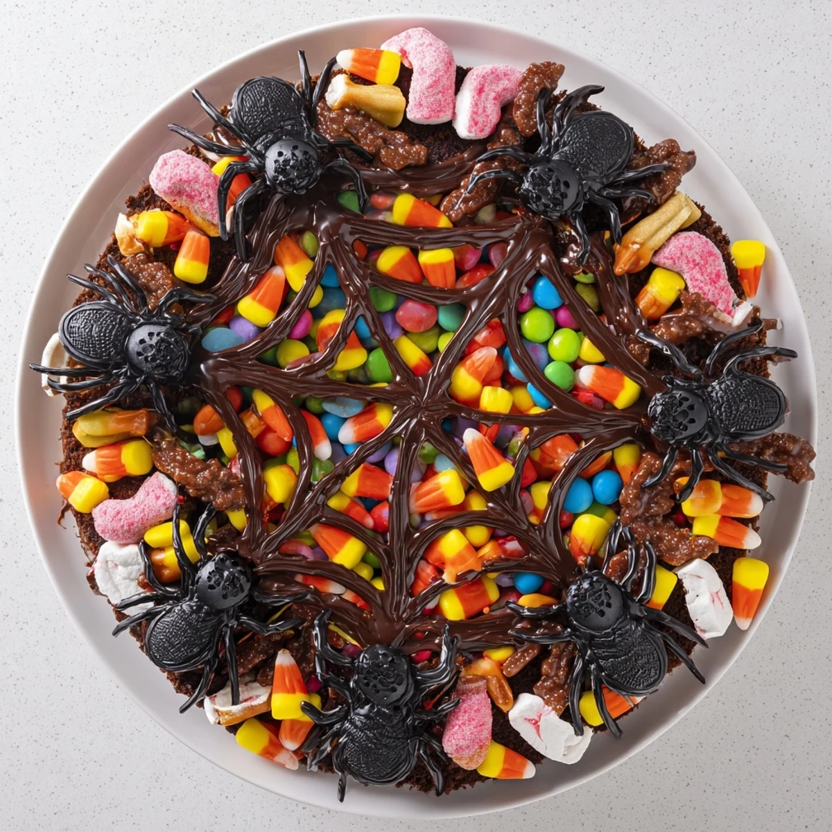 A fun, festive Spiderweb Candy Platter featuring a decadent chocolate web and assorted candies.