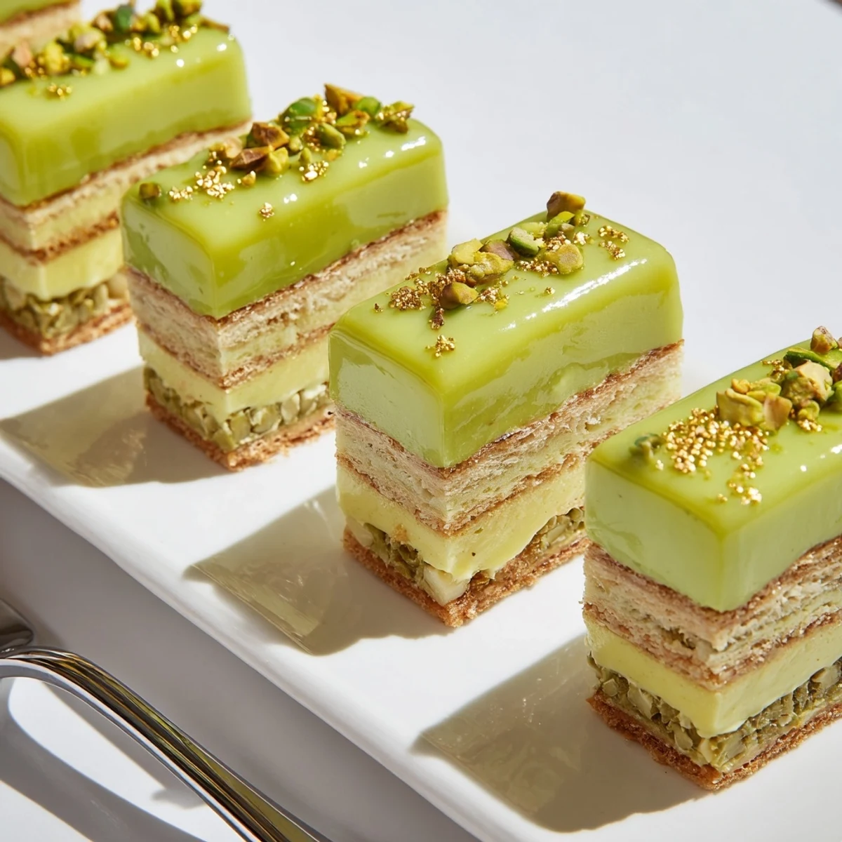 Delicate Grenouille Royale Petits Fours: imagine the vibrant green pistachio cream and citrus glaze atop square cakes.
