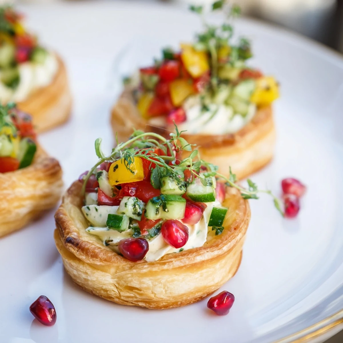 Golden Savory Tartlets, mini wreath appetizers, boast vibrant red and green vegetable garnishes, ready to eat.