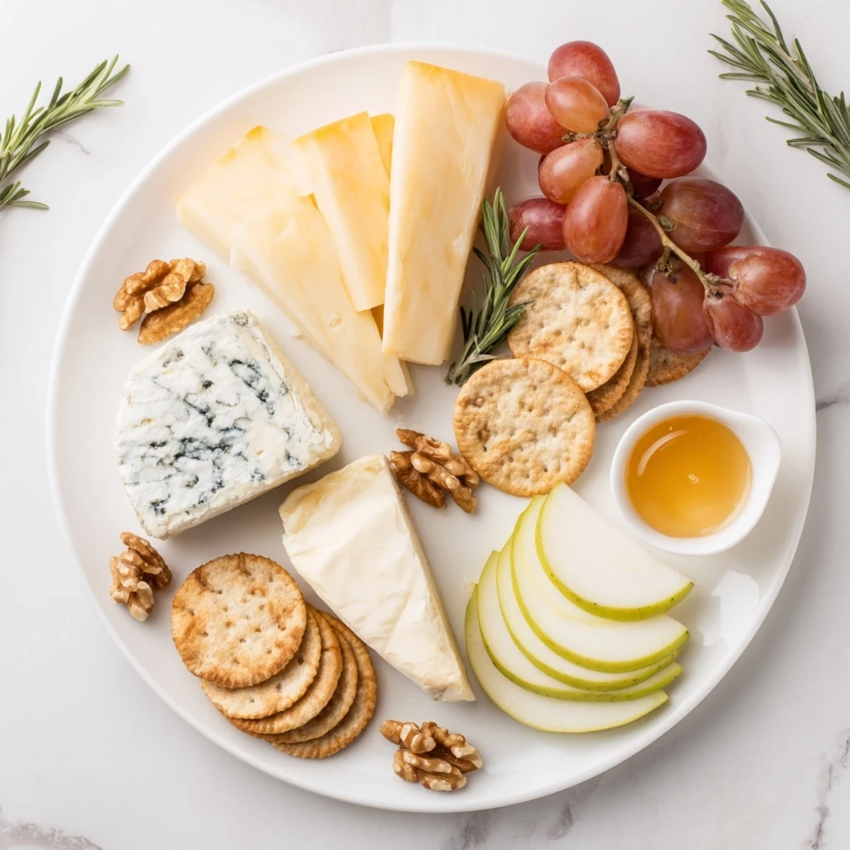 Elegant cheese plate overflowing with diverse cheeses, honey, and fresh fruit for an easy appetizer.