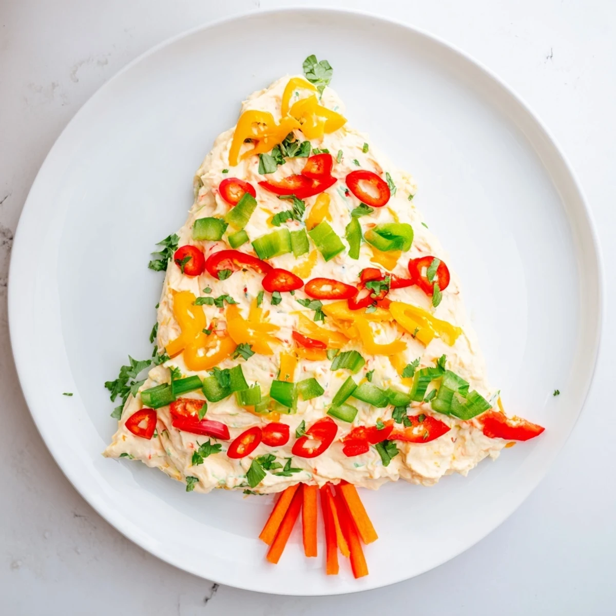 Festive Chili Pepper Christmas Tree Dip, a creamy, spicy appetizer with colorful pepper ornaments.