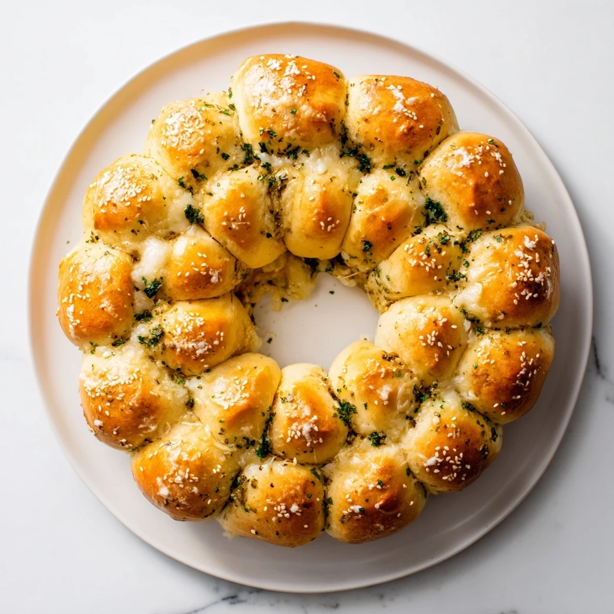 Warm, golden Festive Pull-Apart Bread Wreath, ready to be shared and enjoyed with family.