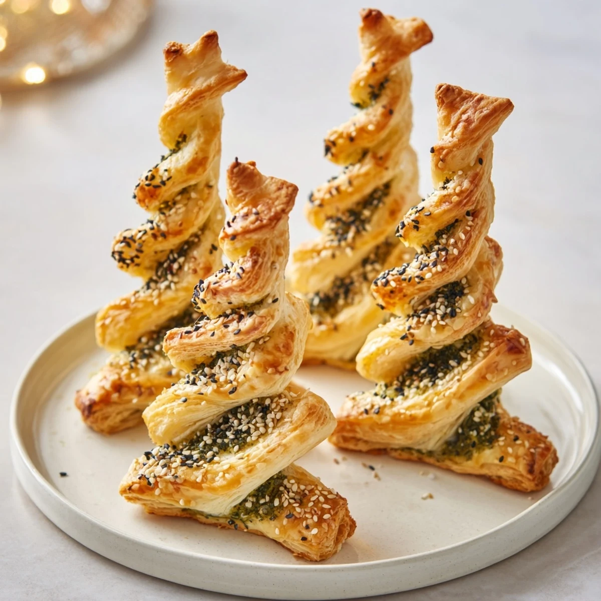 Golden, flaky puff pastry Christmas tree appetizer, filled with creamy, herbed cheese and pesto.