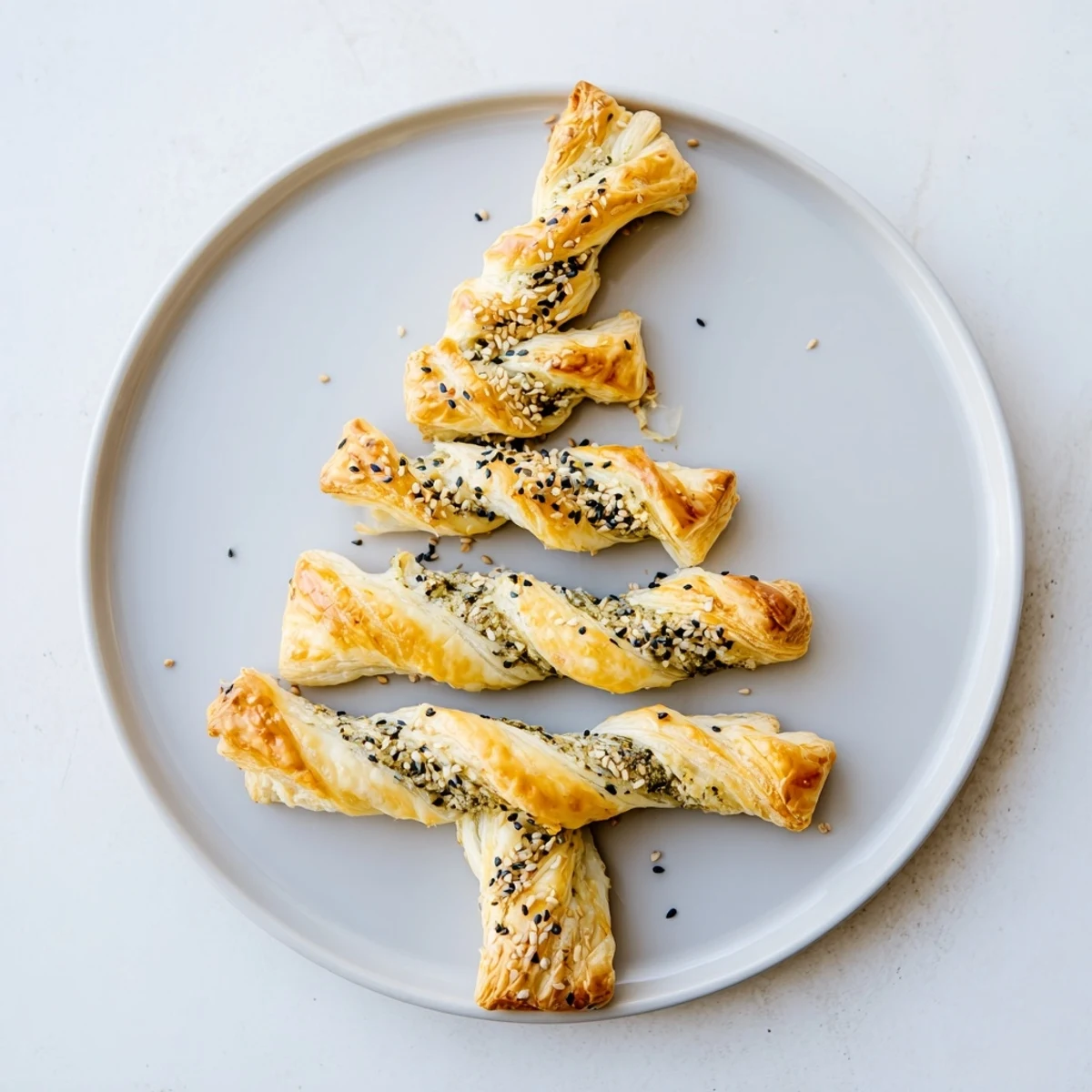 A close-up of a festive puff pastry Christmas tree, glistening with sesame seeds and fully baked.