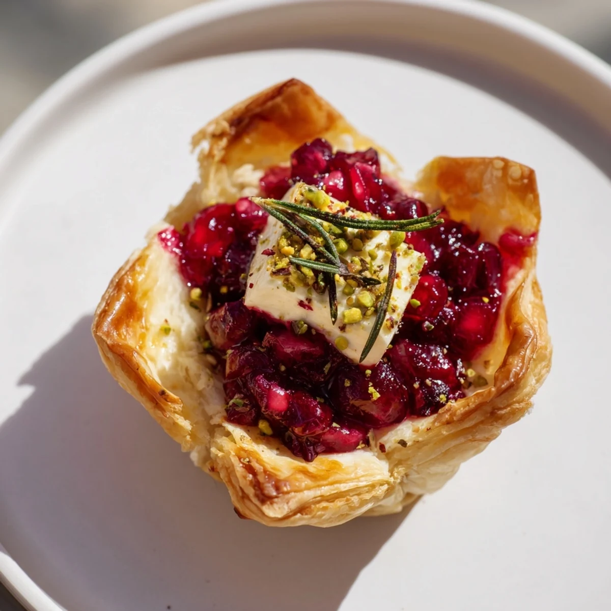 Golden, puffed Mini Cranberry Brie Tart Wreath, perfect for holiday appetizers, garnished with fresh rosemary.