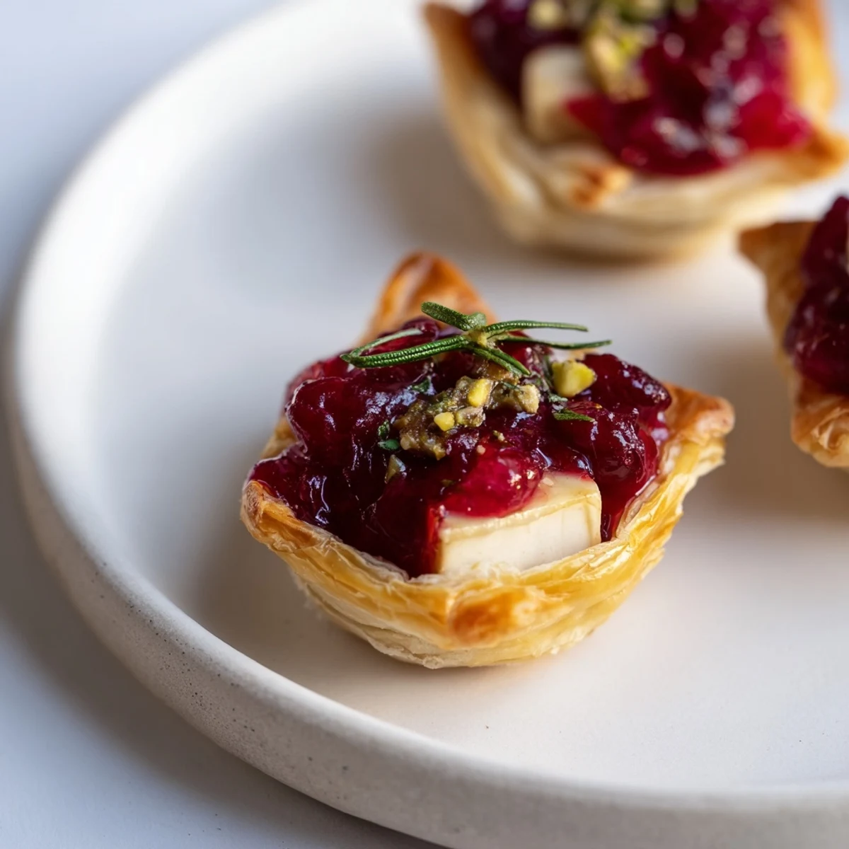 Warm, creamy Brie oozes from these festive Mini Cranberry Brie Tart Wreath bites, ready to serve guests.