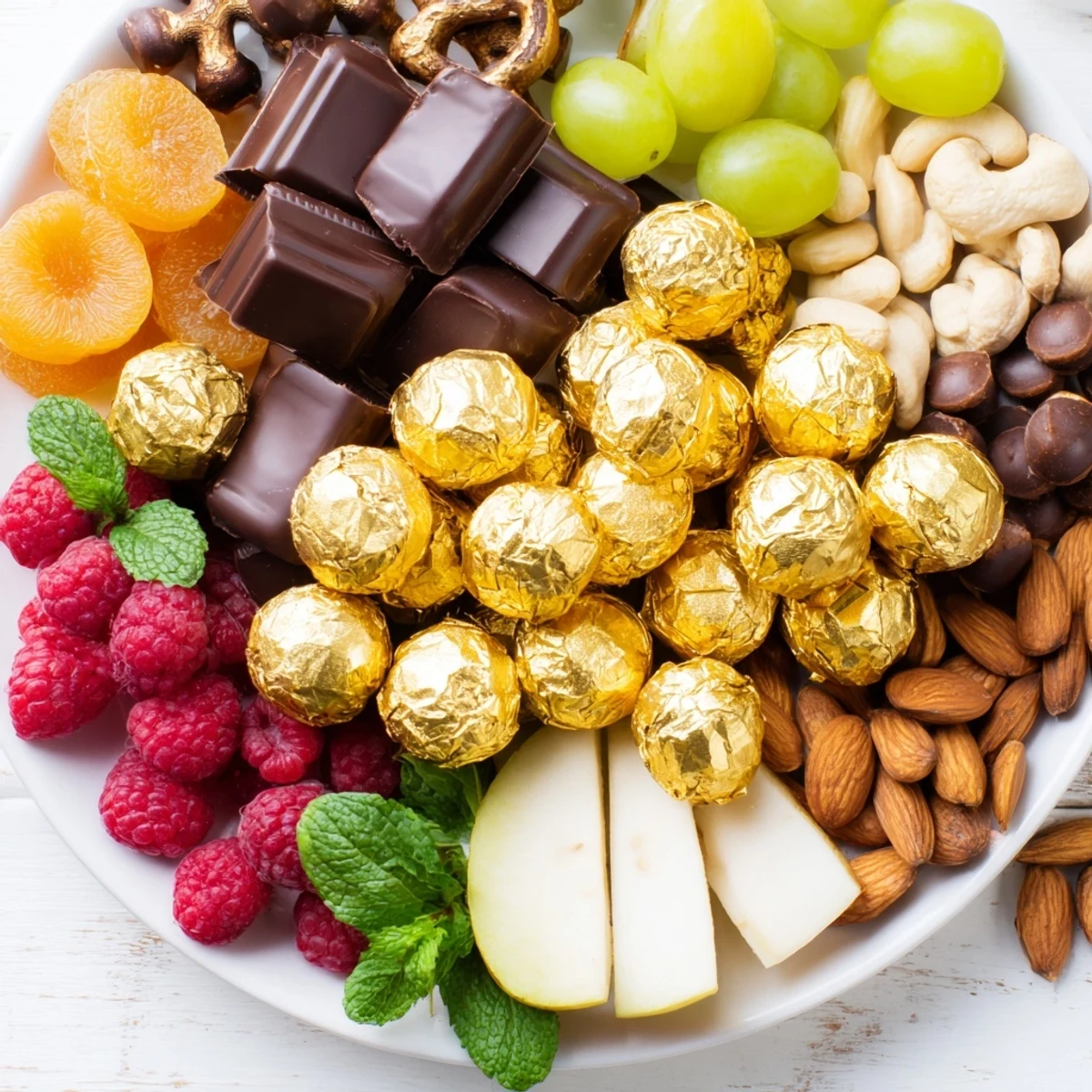 A festive New Years Gold Foil Wrapped Chocolate Board, overflowing with golden treats and fresh fruit.