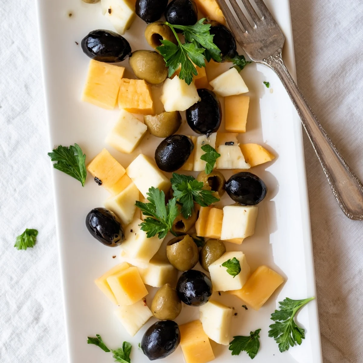 Arranged on a platter, this cheese and olive chessboard appetizer displays alternating squares of flavor.