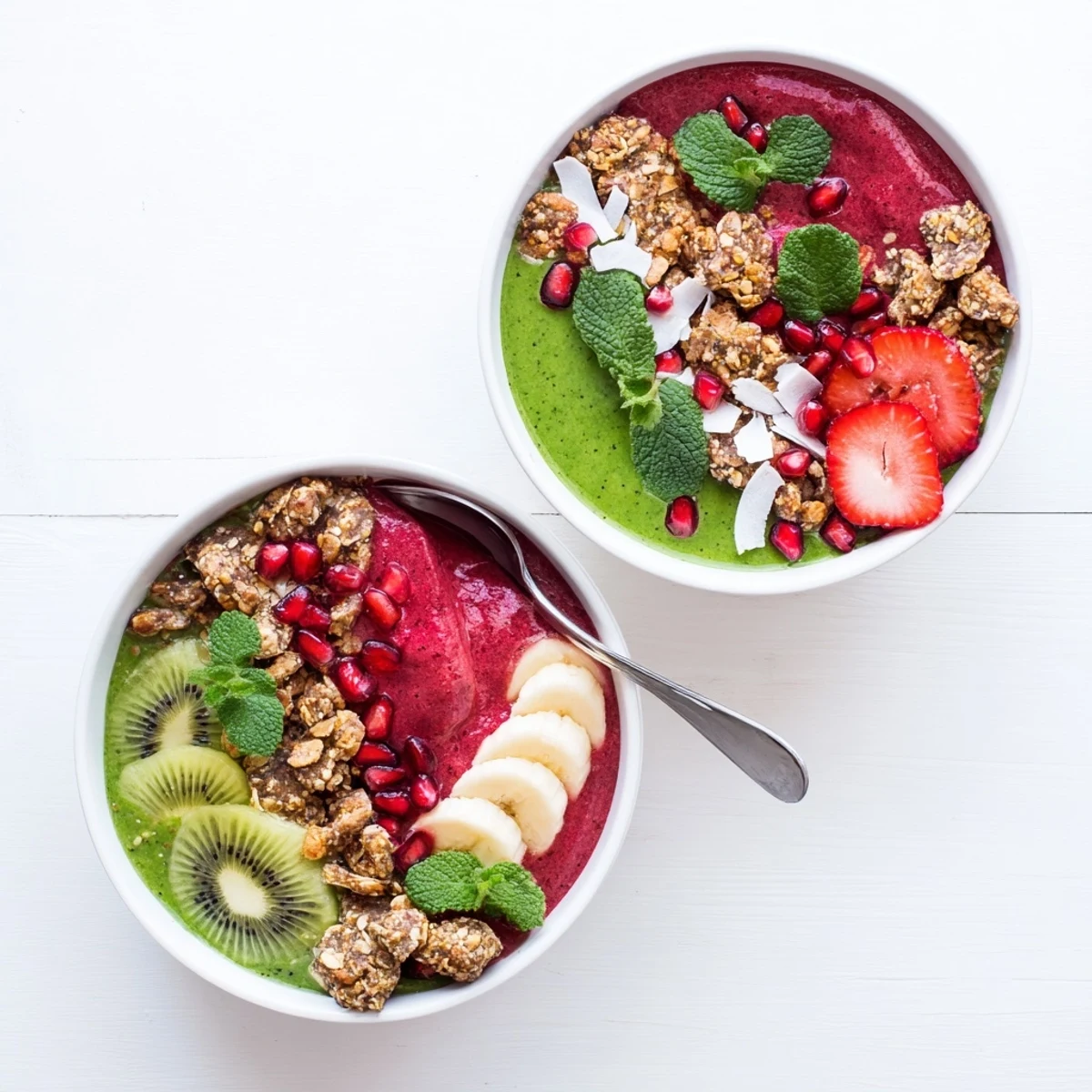Bright red and green Festive Smoothie Bowls, layered with fresh toppings for a healthy brunch.
