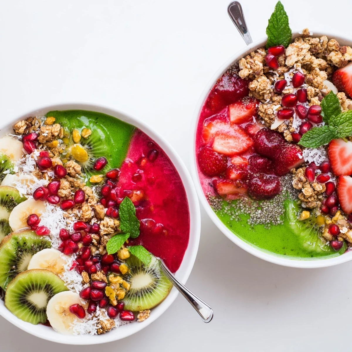 Vibrant Festive Smoothie Bowls featuring luscious red berry and green spinach layers, ready to eat.