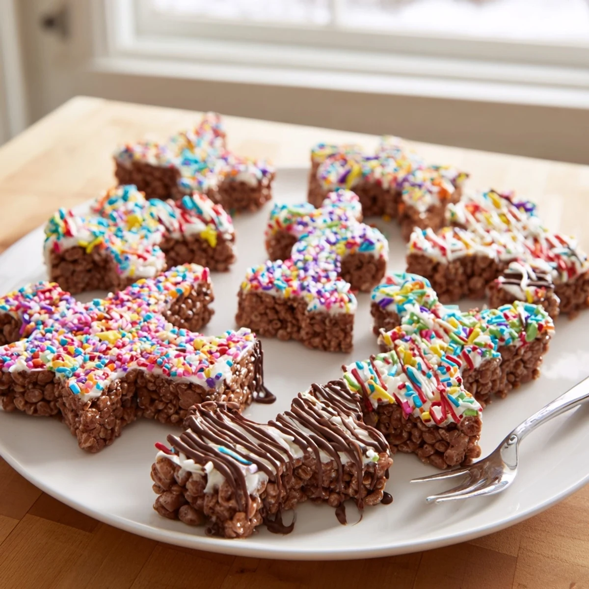 Vibrant sprinkle-covered Rice Krispies treats shaped with cookie cutters, a delightful snack for kids.