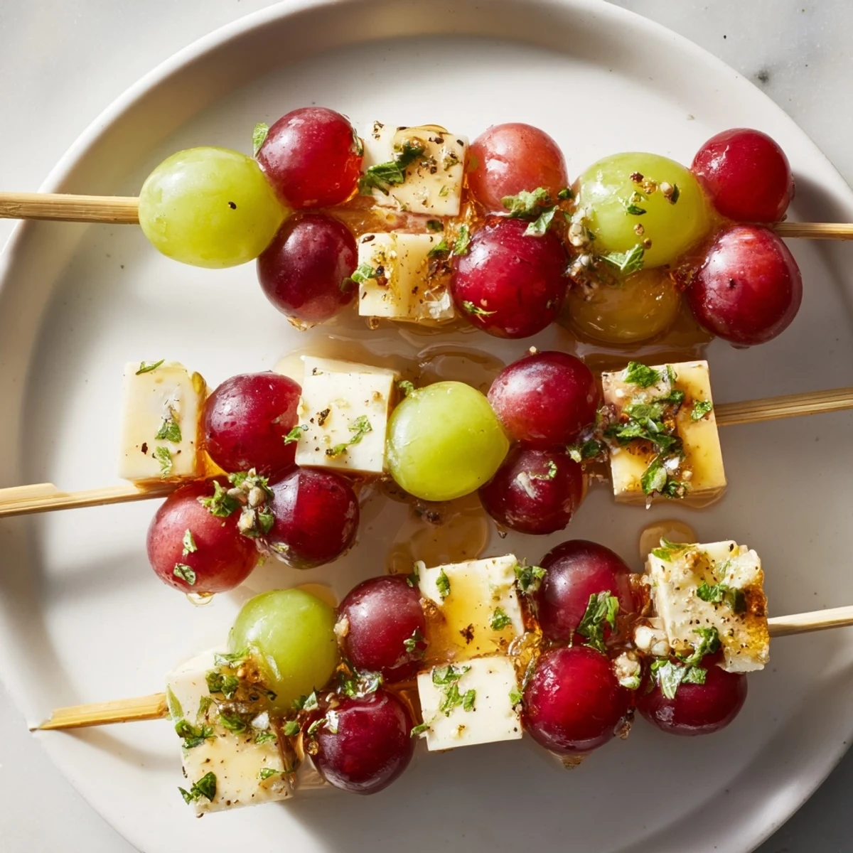 Vibrant Sparkling Grape and Cheese Skewers with honey drizzle and sparkling wine, ideal appetizer.