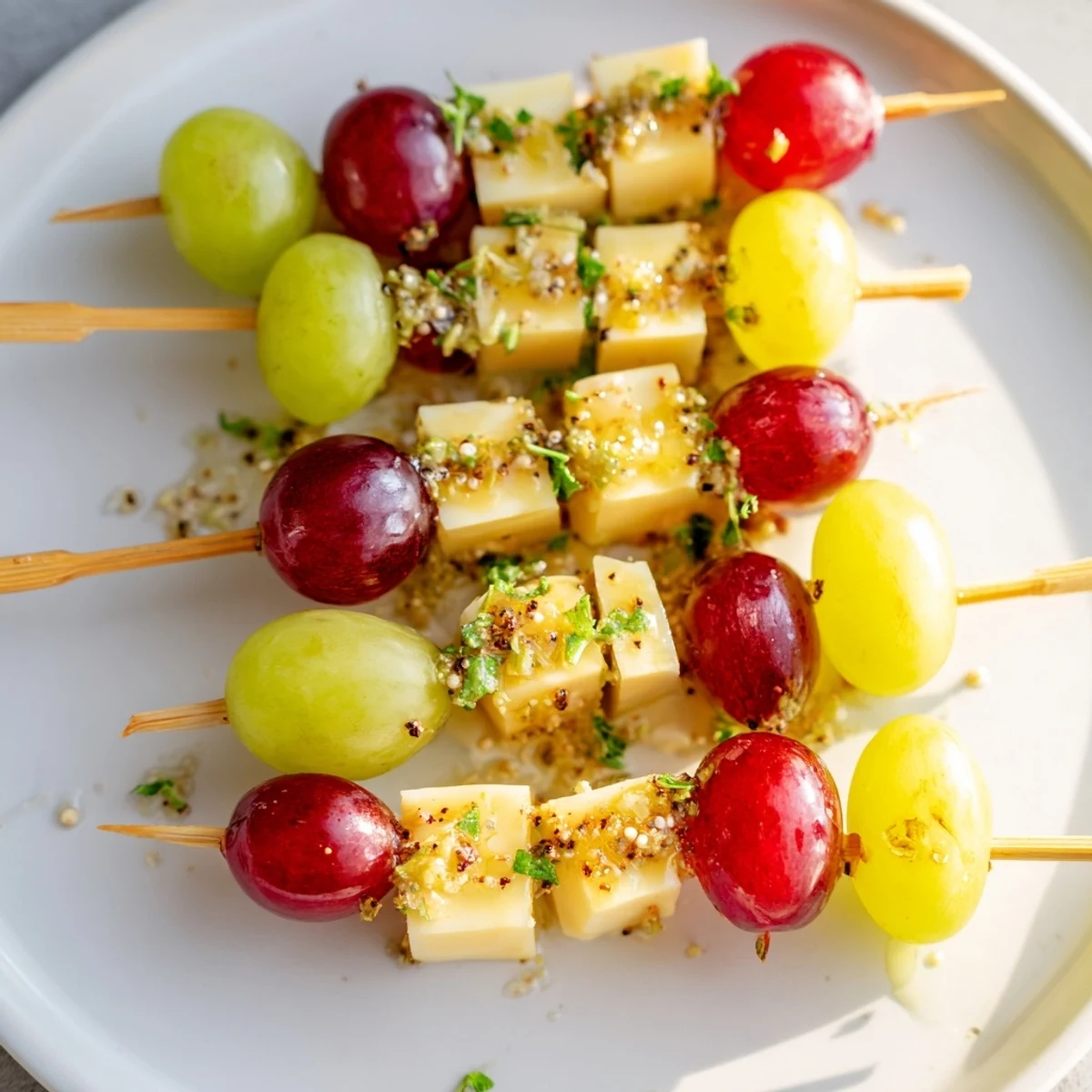 Festive display of Sparkling Grape and Cheese Skewers, perfect party food with fresh mint.