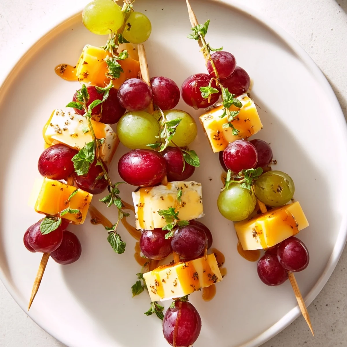 Close-up of Sparkling Grape and Cheese Skewers: juicy grapes, cheese cubes, ready to eat!