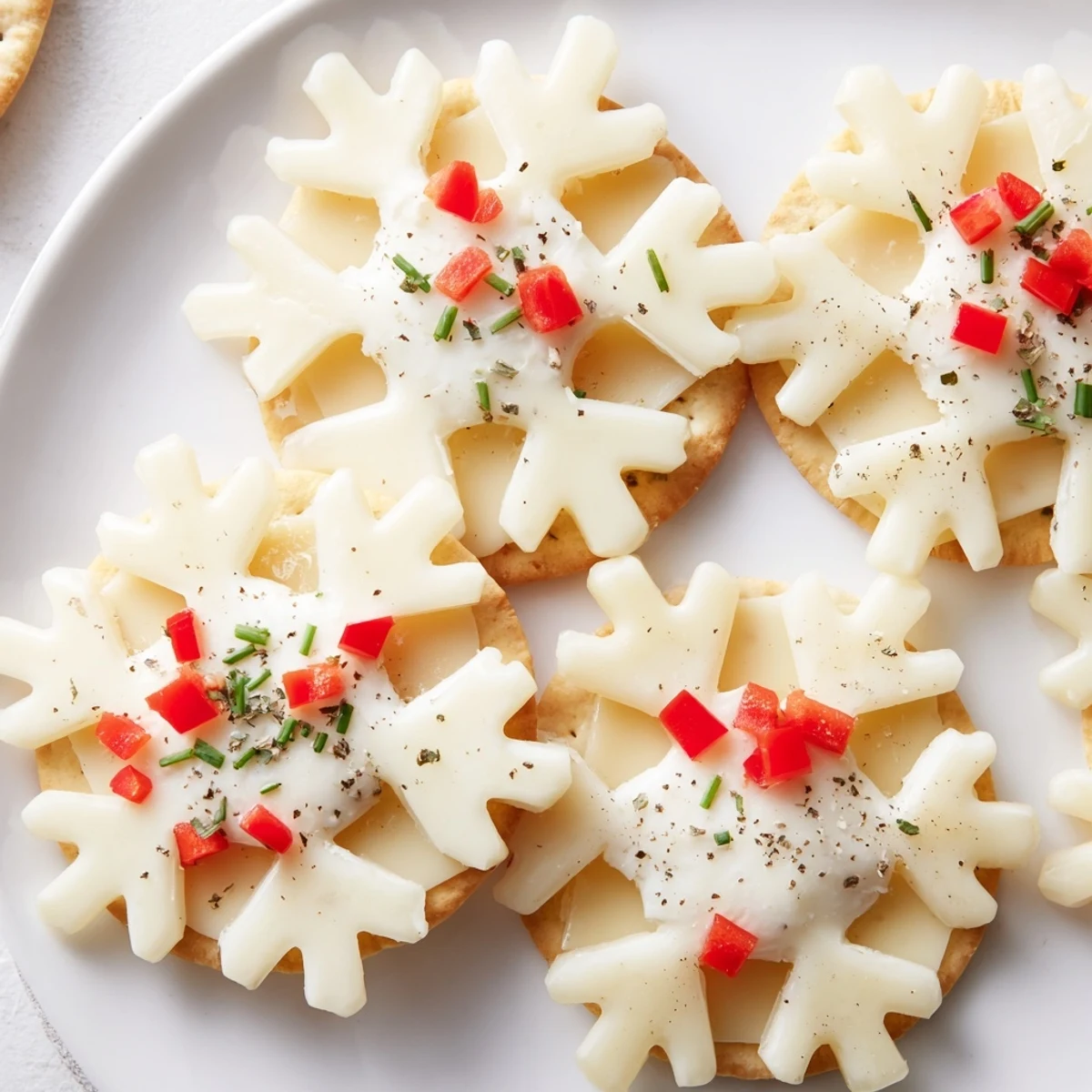 Delicate Savory Bites Cracker and Cheese Snowflake, garnished with herbs, ready to be enjoyed.