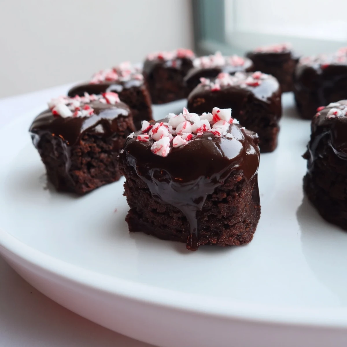 Close-up of peppermint mocha brownie bites topped with glossy chocolate glaze and crushed peppermint.
