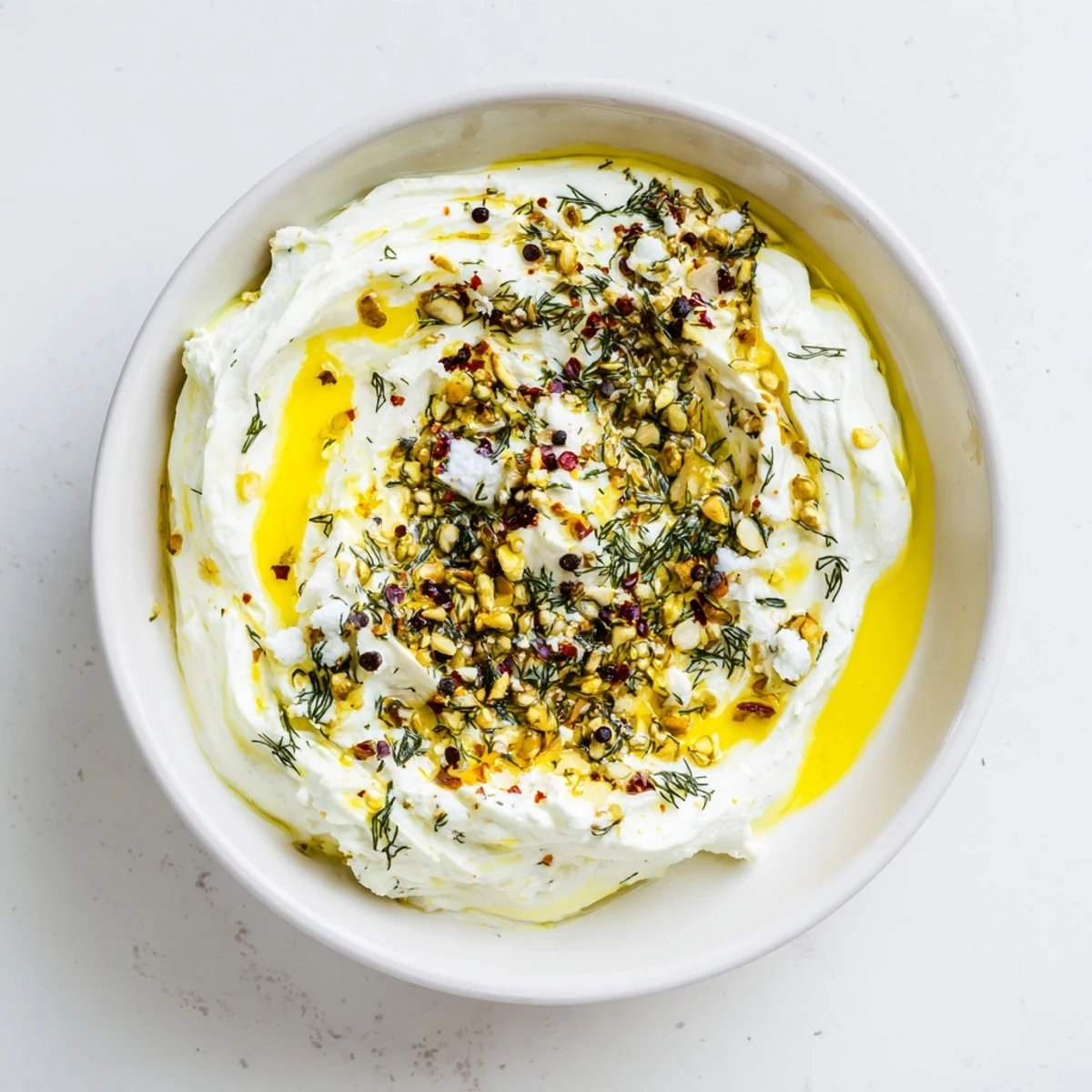 Golden-brown pita chips scoop up creamy Angel Wings Whipped Feta Dip topped with fresh herbs.