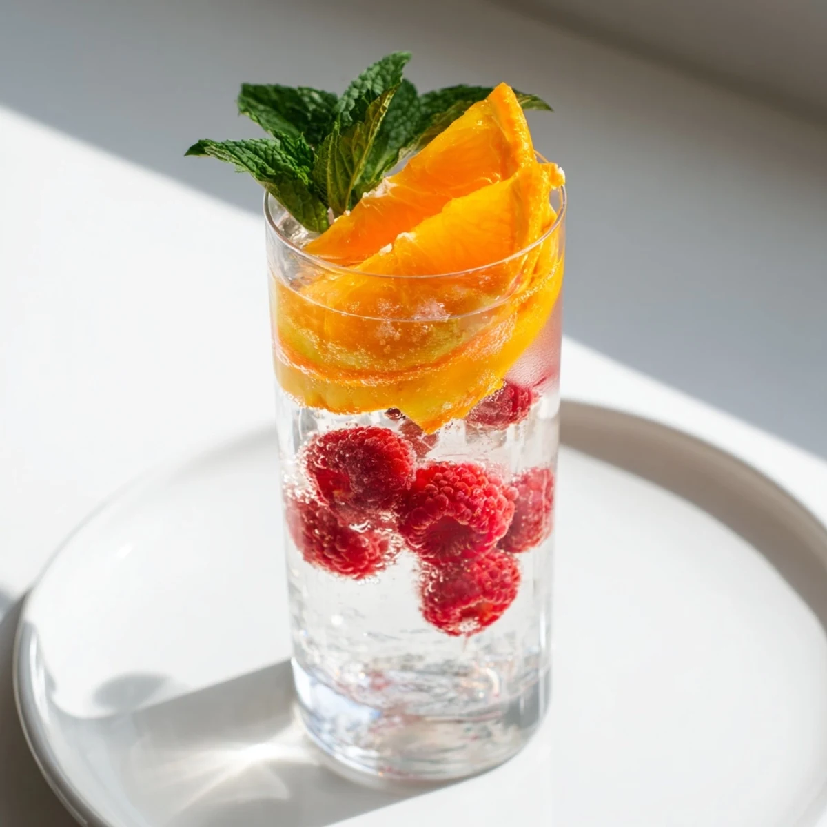 A chilled glass of Sparkling Juice with Raspberries is filled with fresh berries and ice.