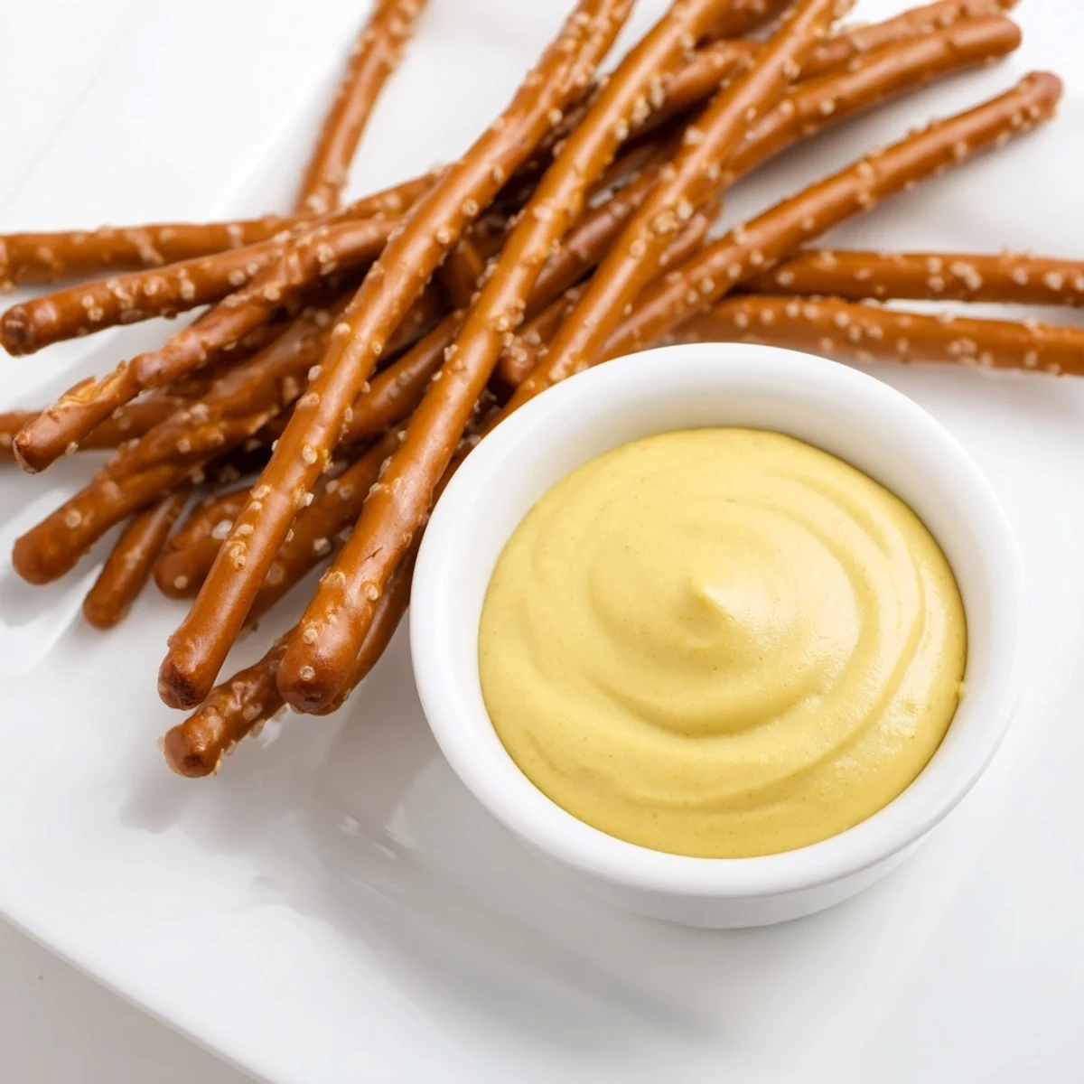 Crispy pretzel rods ready to dip in a vibrant bowl of zesty homemade hot mustard.