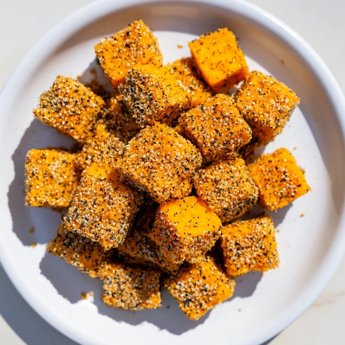 Close-up of everything bagel seasoning coating the sharp cheddar in these easy Salty Bites.